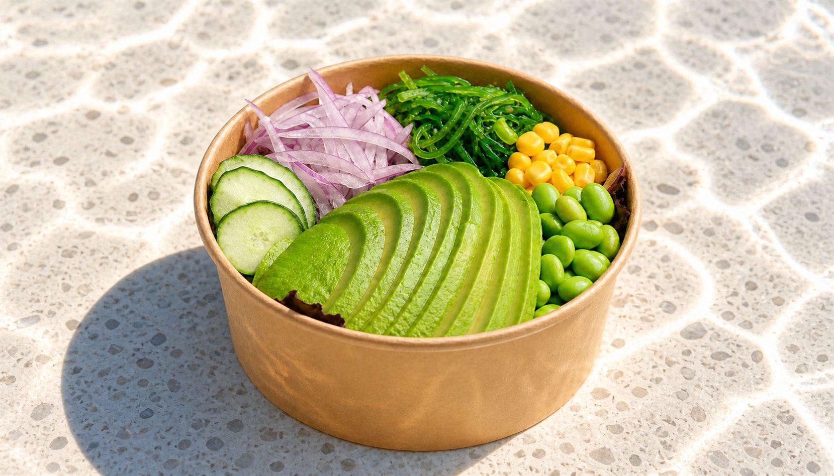 Yo Vegan — Avocado, corn, cucumber, edamame, red onion, seaweed salad, scallion, packed fresh.